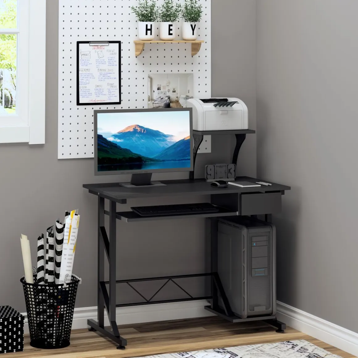 Escritorio Hof Homcom bandeja de teclado + cajón negro 95x90x50 cm