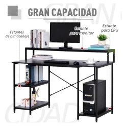 Escritorio Homcom 3 estantes metálico negro 93x140x60 cm