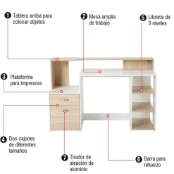 Escritorio Homcom cajones+estantes roble/blanco 92x137x55 cm