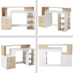 Escritorio Homcom cajones+estantes roble/blanco 92x137x55 cm