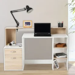 Escritorio Homcom cajones+estantes roble/blanco 92x137x55 cm