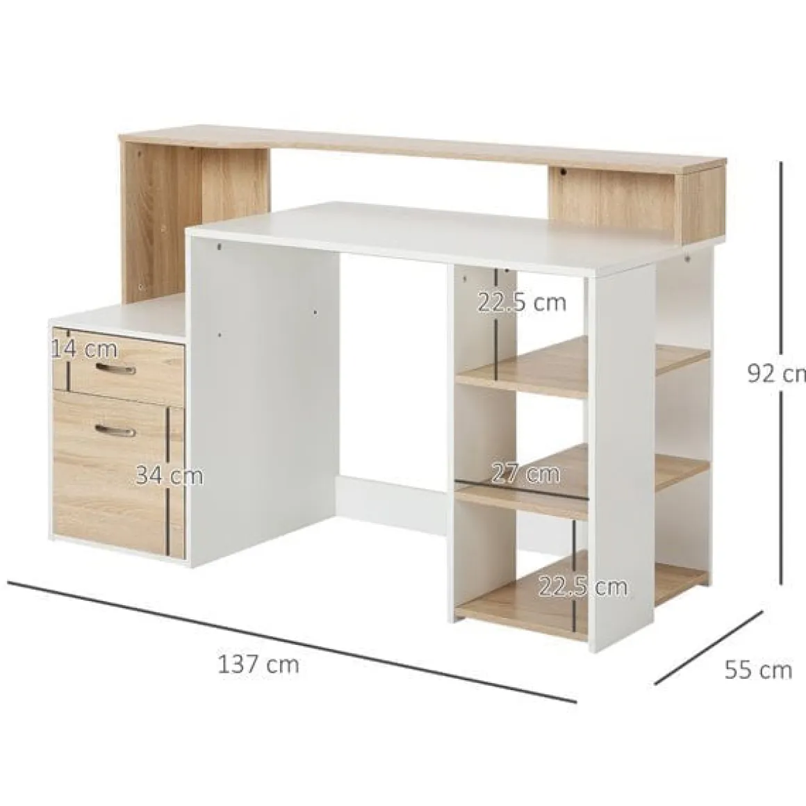 Escritorio Homcom cajones+estantes roble/blanco 92x137x55 cm