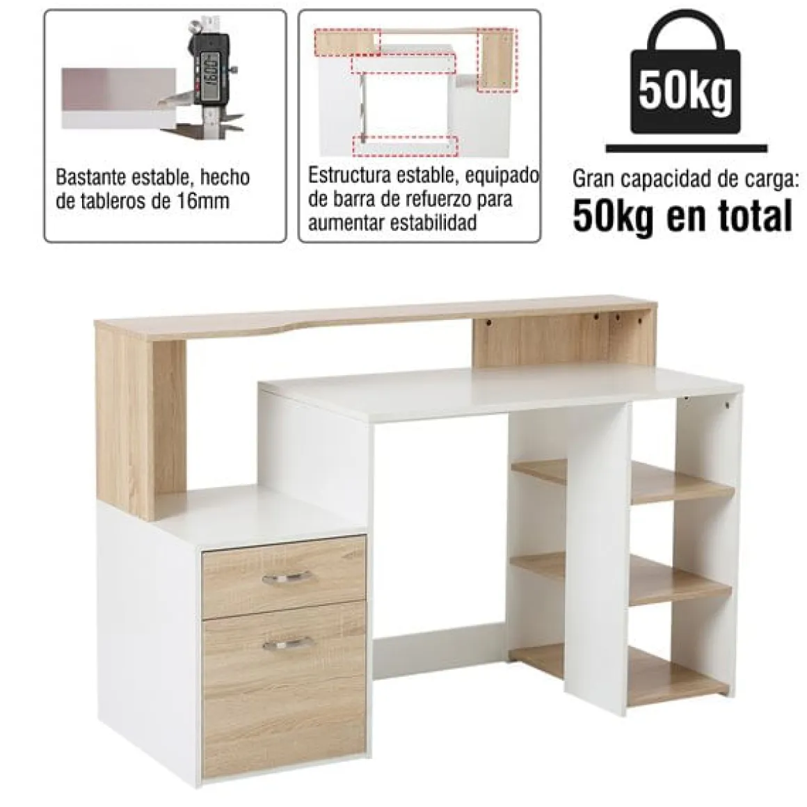 Escritorio Homcom cajones+estantes roble/blanco 92x137x55 cm