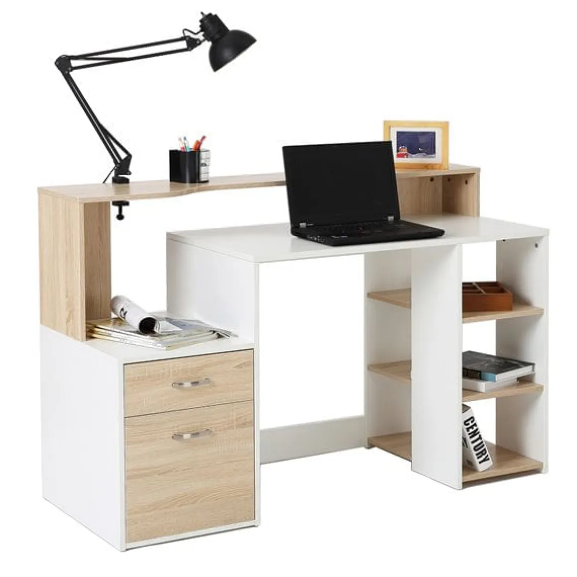 Escritorio Homcom cajones+estantes roble/blanco 92x137x55 cm