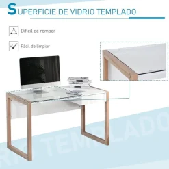 Escritorio Homcom con tablero de vidrio templado blanco/natural 75x120x60 cm