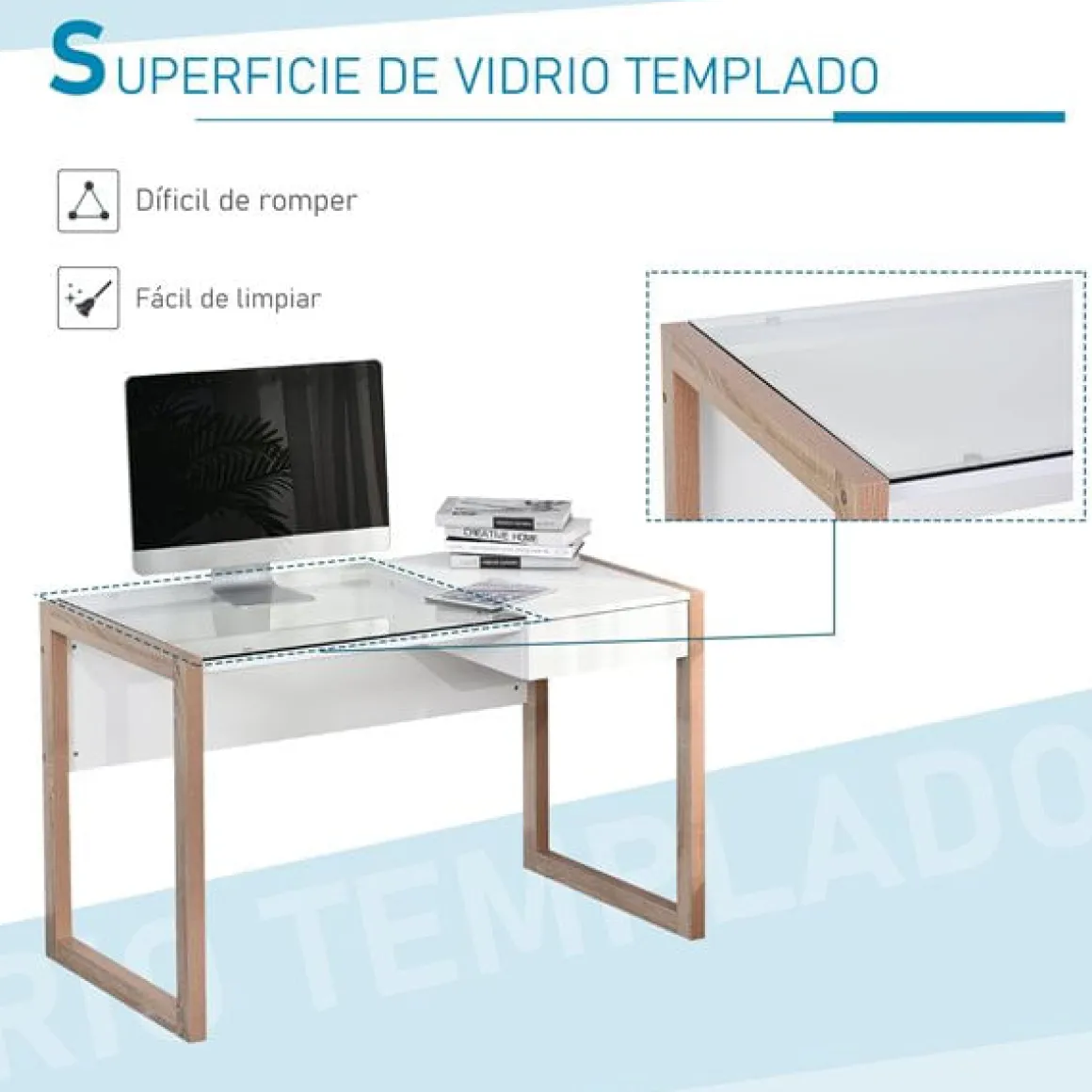 Escritorio Homcom con tablero de vidrio templado blanco/natural 75x120x60 cm