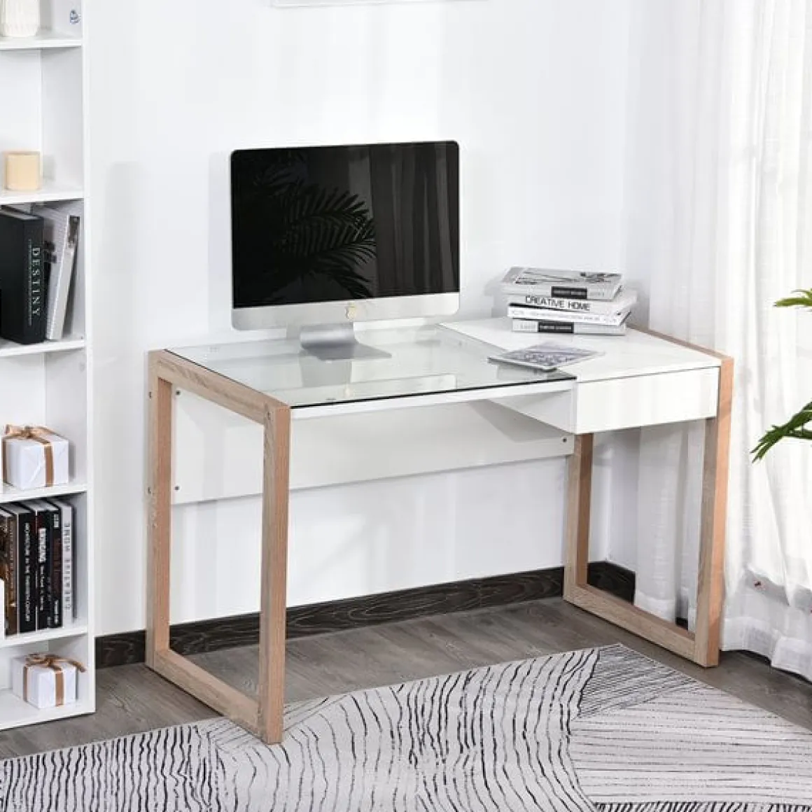 Escritorio Homcom con tablero de vidrio templado blanco/natural 75x120x60 cm