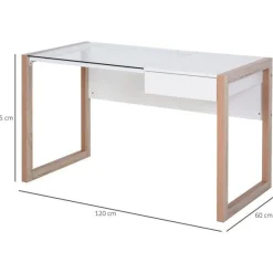 Escritorio Homcom con tablero de vidrio templado blanco/natural 75x120x60 cm