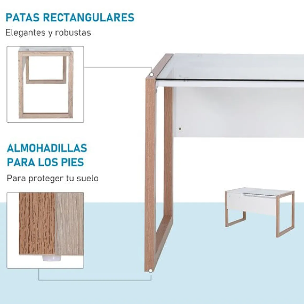 Escritorio Homcom con tablero de vidrio templado blanco/natural 75x120x60 cm