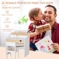 Escritorio infantil Niebla Homcom con silla + cajón + estante +3 a 6 años blanco/natural 75x70x50 cm
