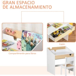 Escritorio infantil Niebla Homcom con silla + cajón + estante +3 a 6 años blanco/natural 75x70x50 cm