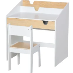 Escritorio infantil Niebla Homcom con silla + cajón + estante +3 a 6 años blanco/natural 75x70x50 cm