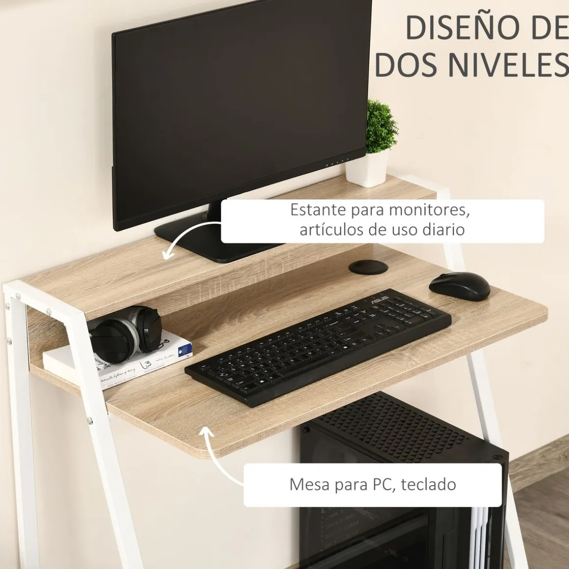 Escritorio Lirio Homcom con orificio para cables roble 85x84x45 cm