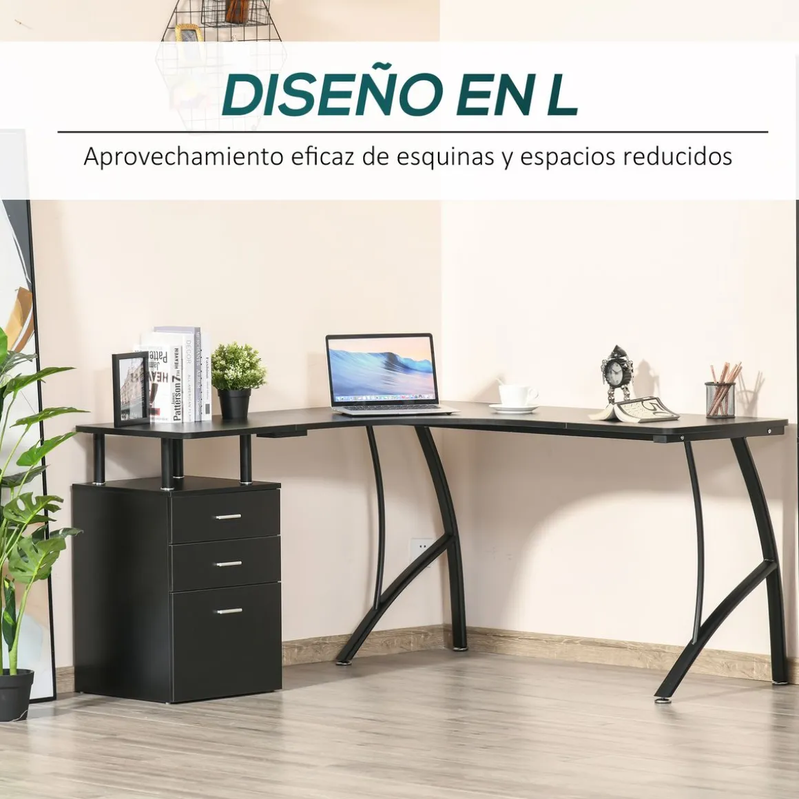 Escritorio Mandarina Homcom esquinero con 3 cajones negro 76x143,5x143,5 cm