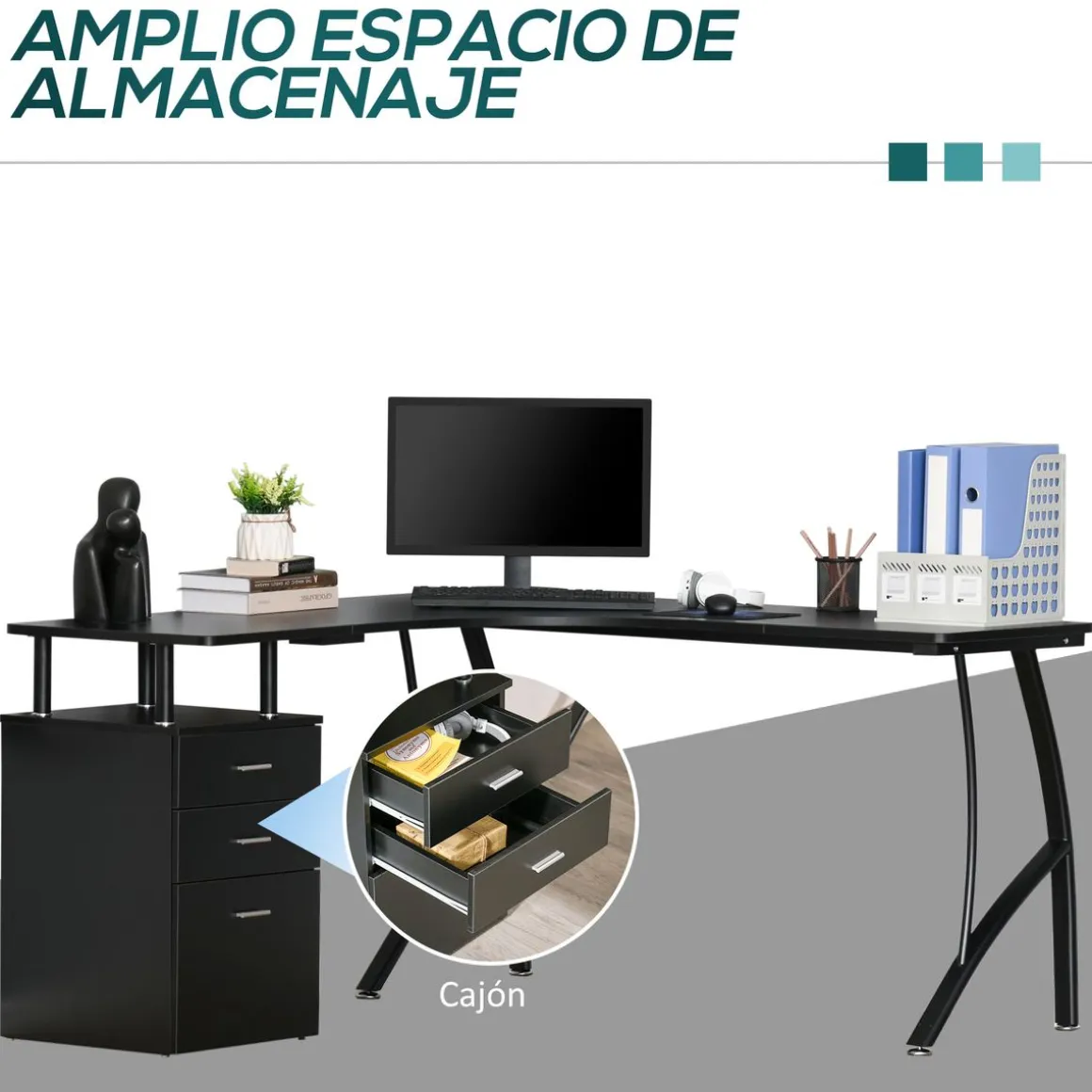 Escritorio Mandarina Homcom esquinero con 3 cajones negro 76x143,5x143,5 cm
