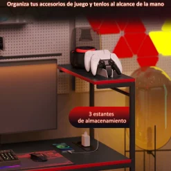 Escritorio Plus Homcom 3 estantes + estación de carga + luz LED negro/rojo 113x110x50 cm