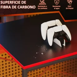 Escritorio Plus Homcom 3 estantes + estación de carga + luz LED negro/rojo 113x110x50 cm
