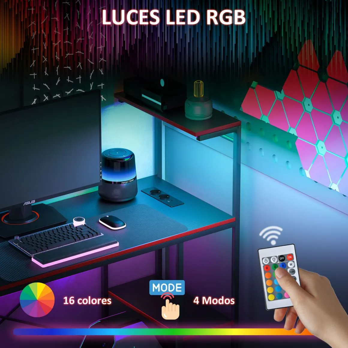 Escritorio Plus Homcom 3 estantes + estación de carga + luz LED negro/rojo 113x110x50 cm