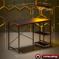 Escritorio Plus Homcom 3 estantes + estación de carga + luz LED negro/rojo 113x110x50 cm