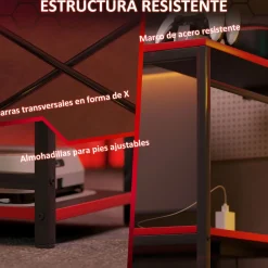Escritorio Plus Homcom 3 estantes + estación de carga + luz LED negro/rojo 113x110x50 cm