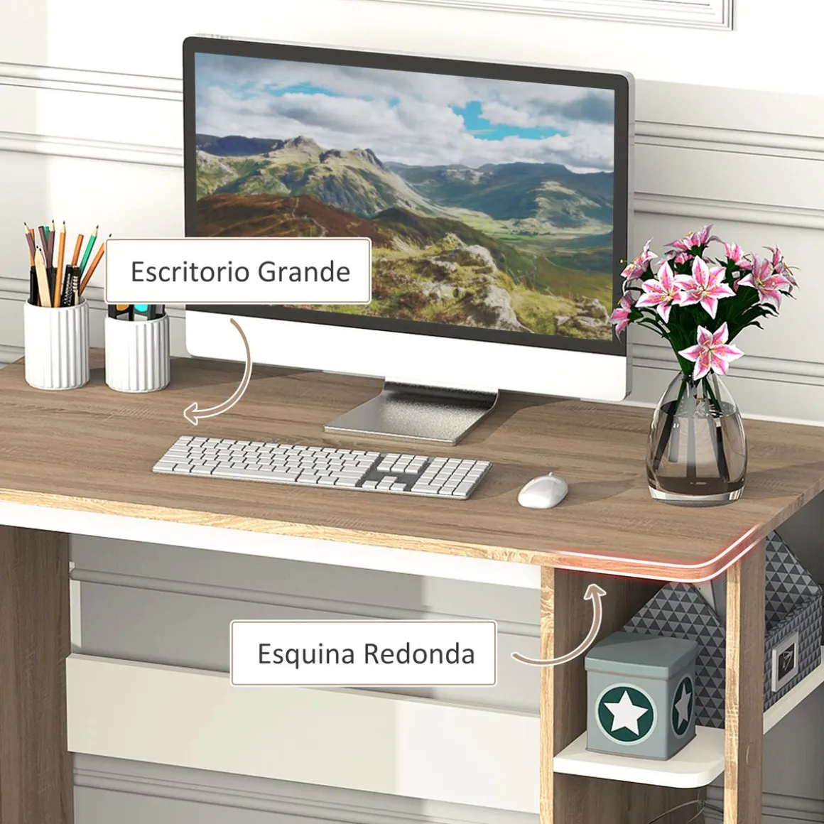 Escritorio Tadeo Homcom 3 estantes laterales blanco/madera 74x100x55 cm