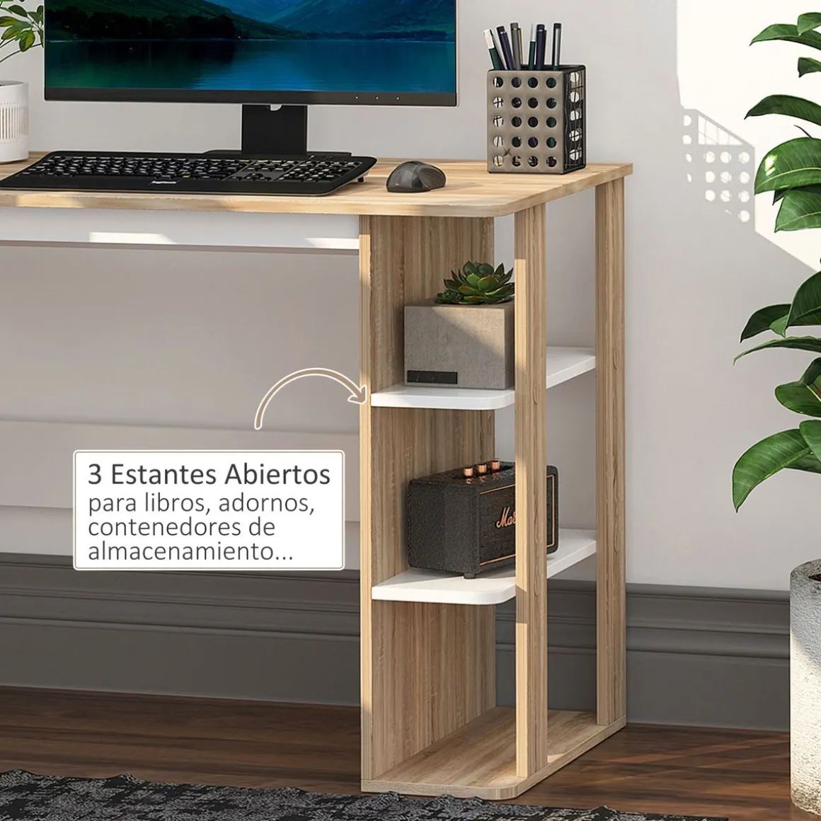 Escritorio Tadeo Homcom 3 estantes laterales blanco/madera 74x100x55 cm