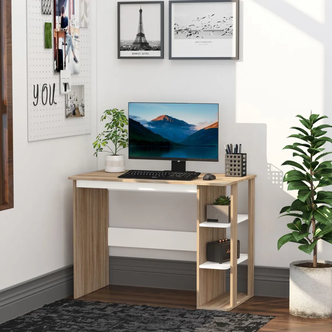 Escritorio Tadeo Homcom 3 estantes laterales blanco/madera 74x100x55 cm