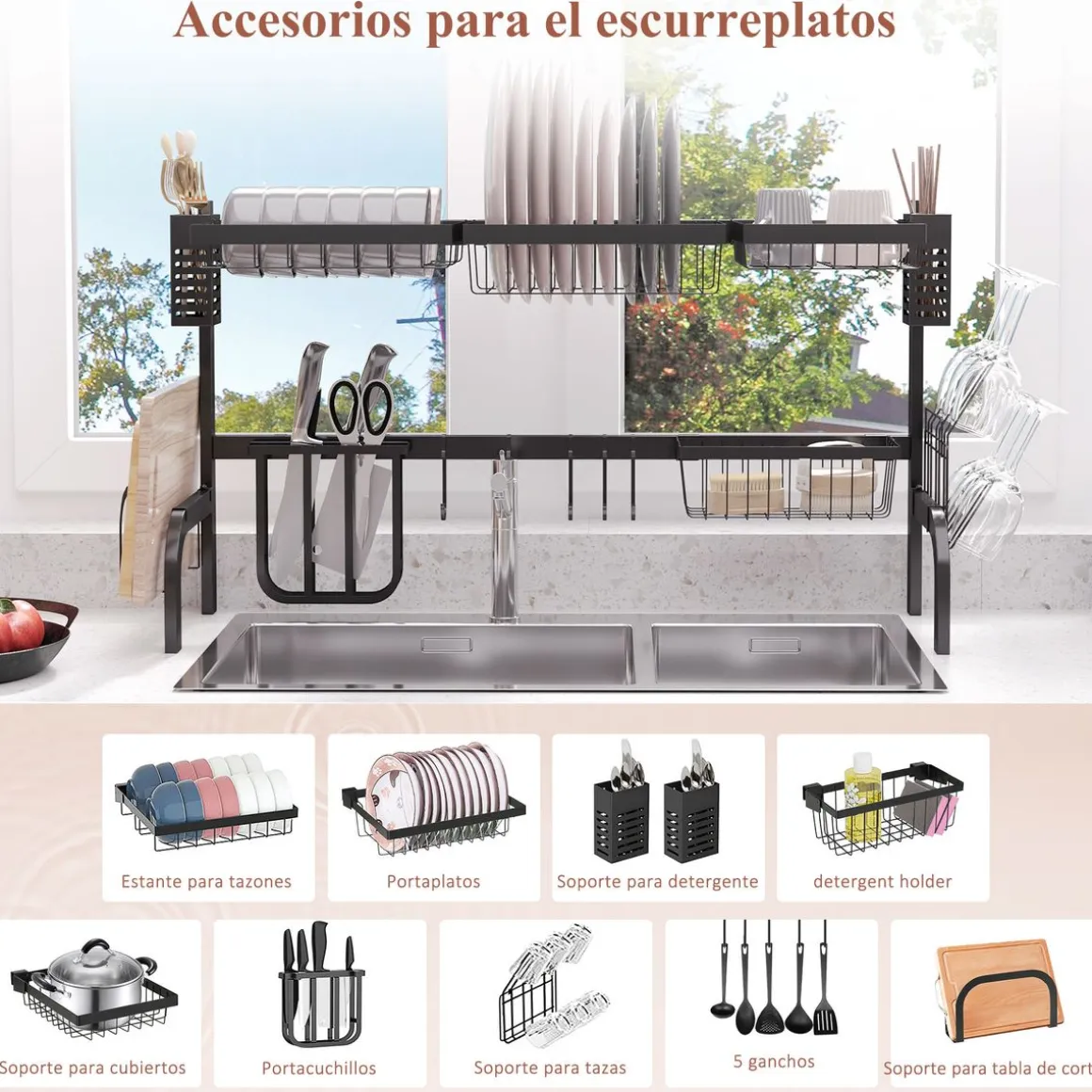 Escurreplatos Basov Homcom 2 niveles para fregadero negro 52,5x100x30 cm