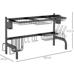 Escurreplatos Basov Homcom 2 niveles para fregadero negro 52,5x100x30 cm