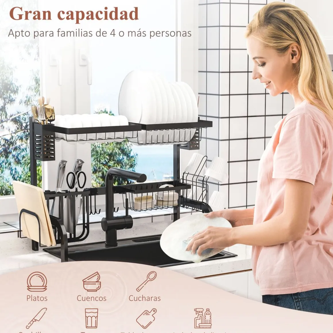 Escurreplatos Homcom 2 niveles negro 52,5x65x31,5 cm