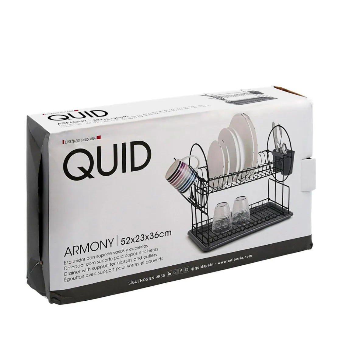 Escurridor Armony Quid 2 alturas con cesto de cubiertos y copas gris oscuro