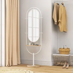 Espejo con base Mantra Homcom 4 ganchos con estante blanco/natural 175,5x50x23,5 cm