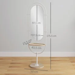 Espejo con base Mantra Homcom 4 ganchos con estante blanco/natural 175,5x50x23,5 cm
