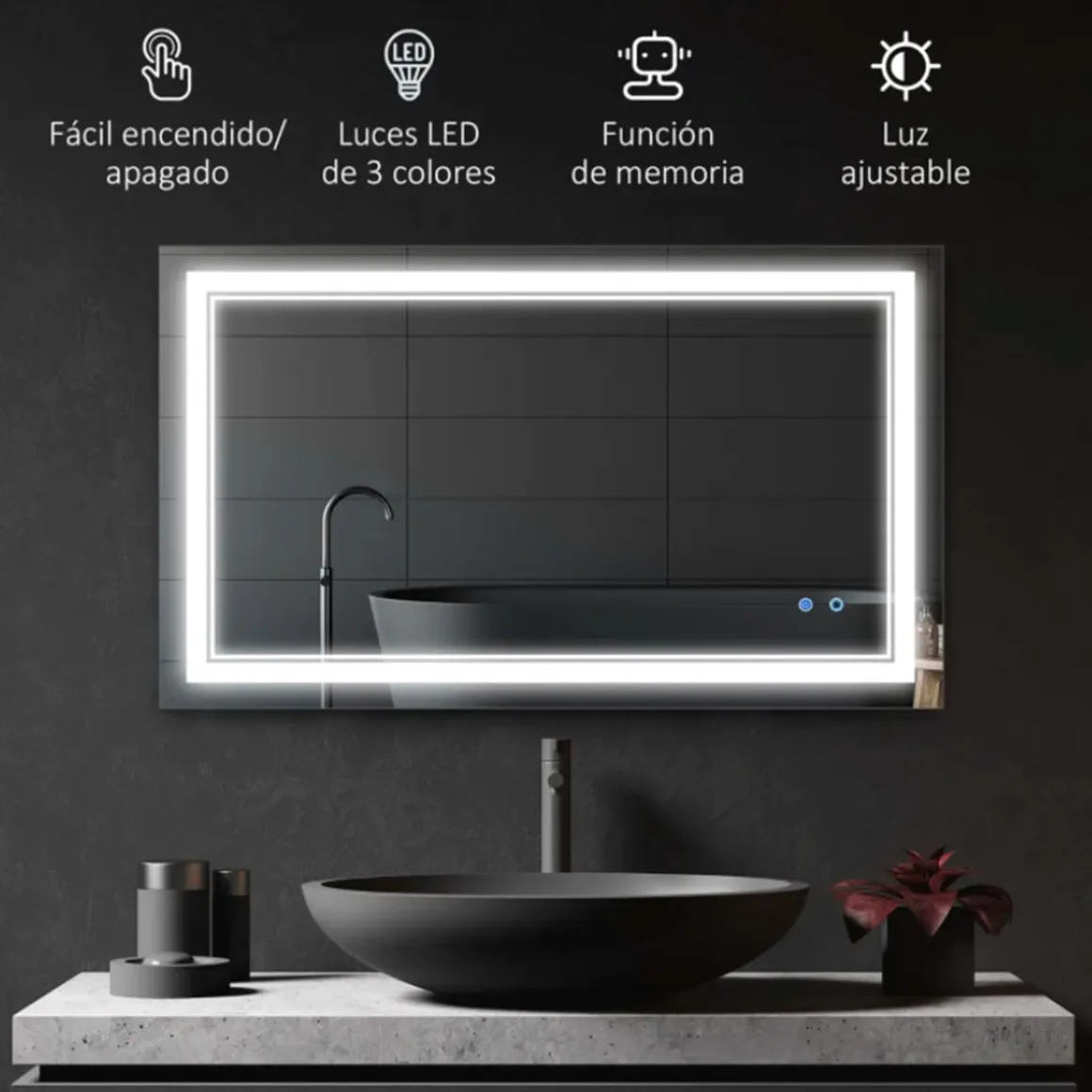 Espejo de baño Kleankin con luz LED + interruptor táctil + función memoria inox 60x100 cm