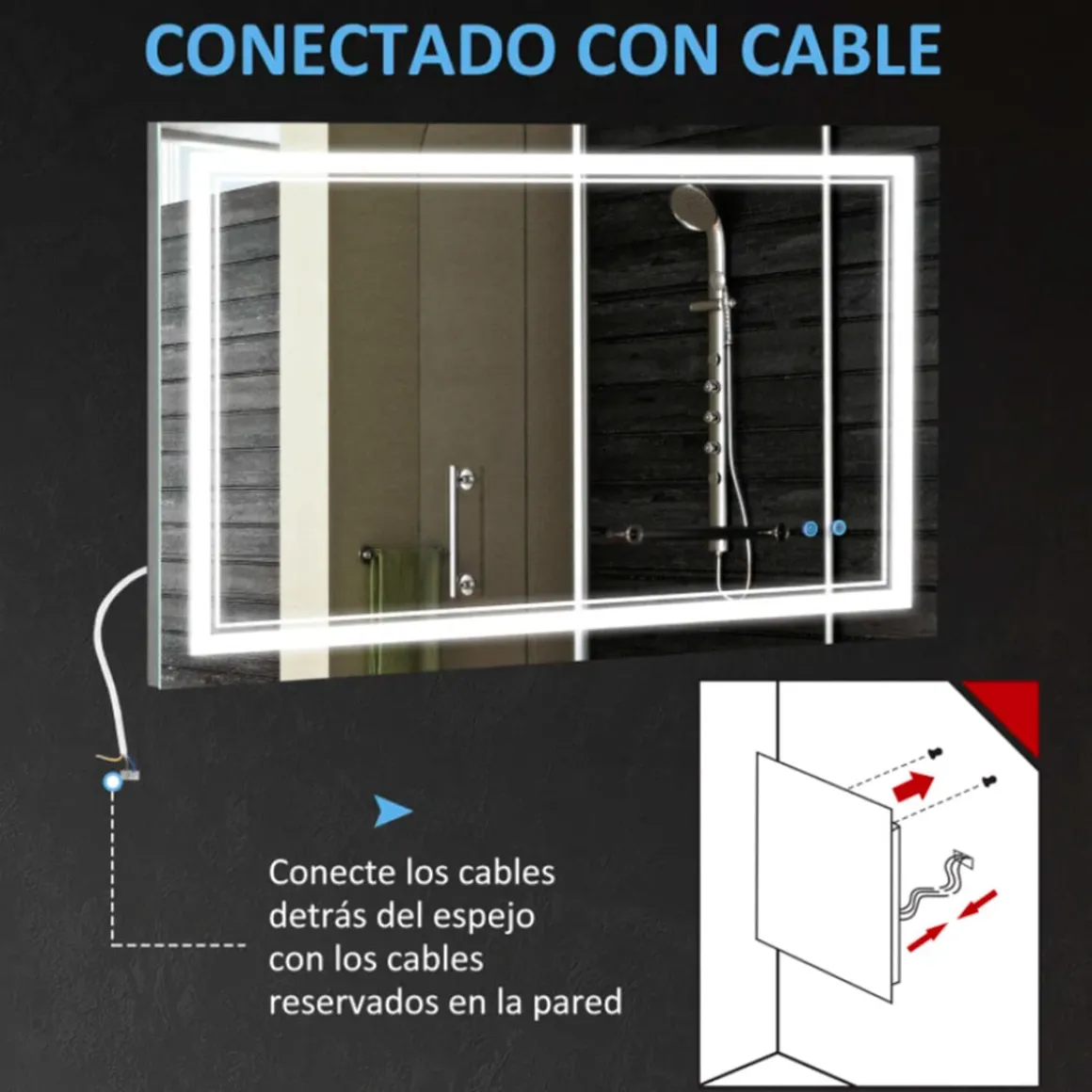 Espejo de baño Kleankin con luz LED + interruptor táctil + función memoria inox 60x100 cm