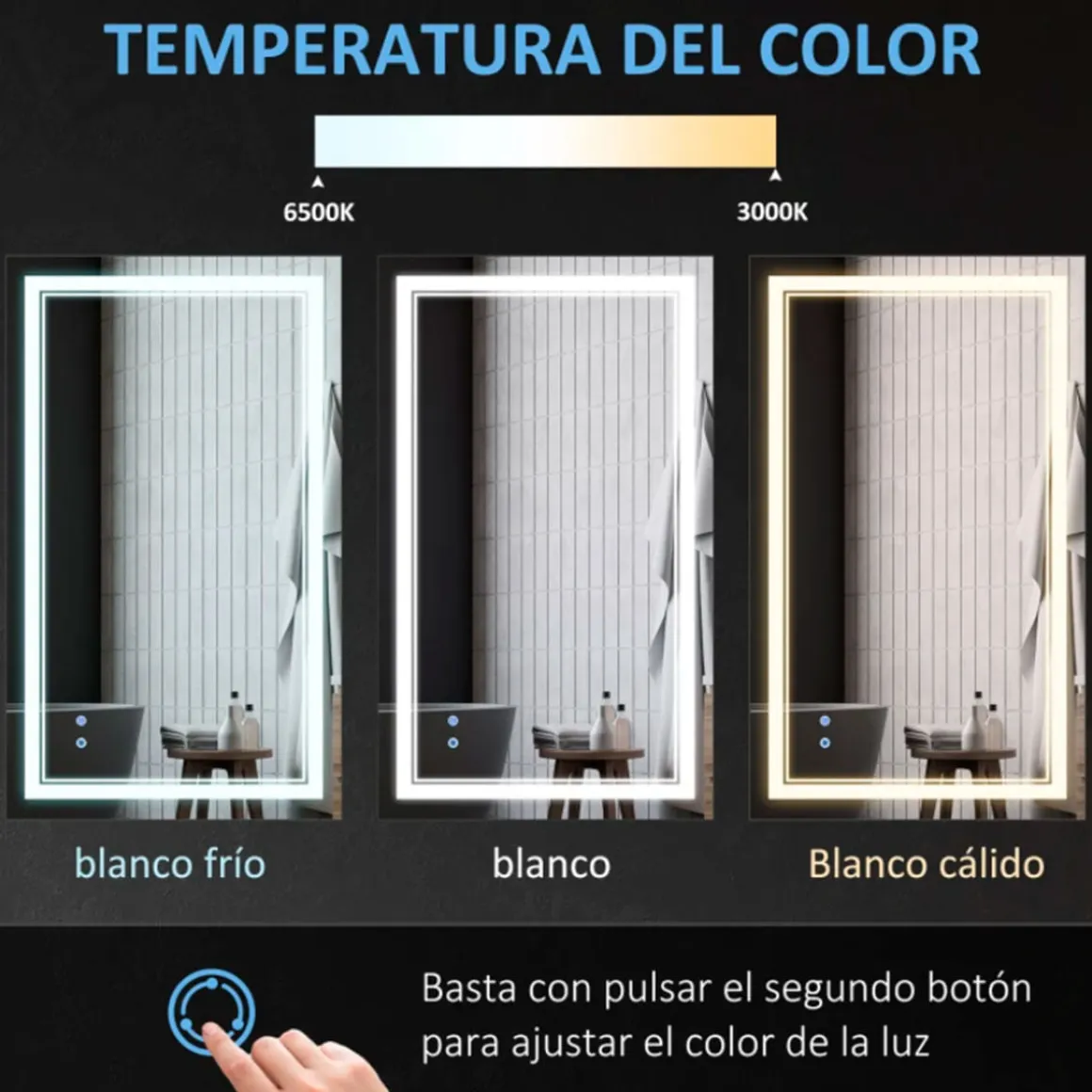 Espejo de baño Kleankin con luz LED + interruptor táctil + función memoria inox 60x100 cm