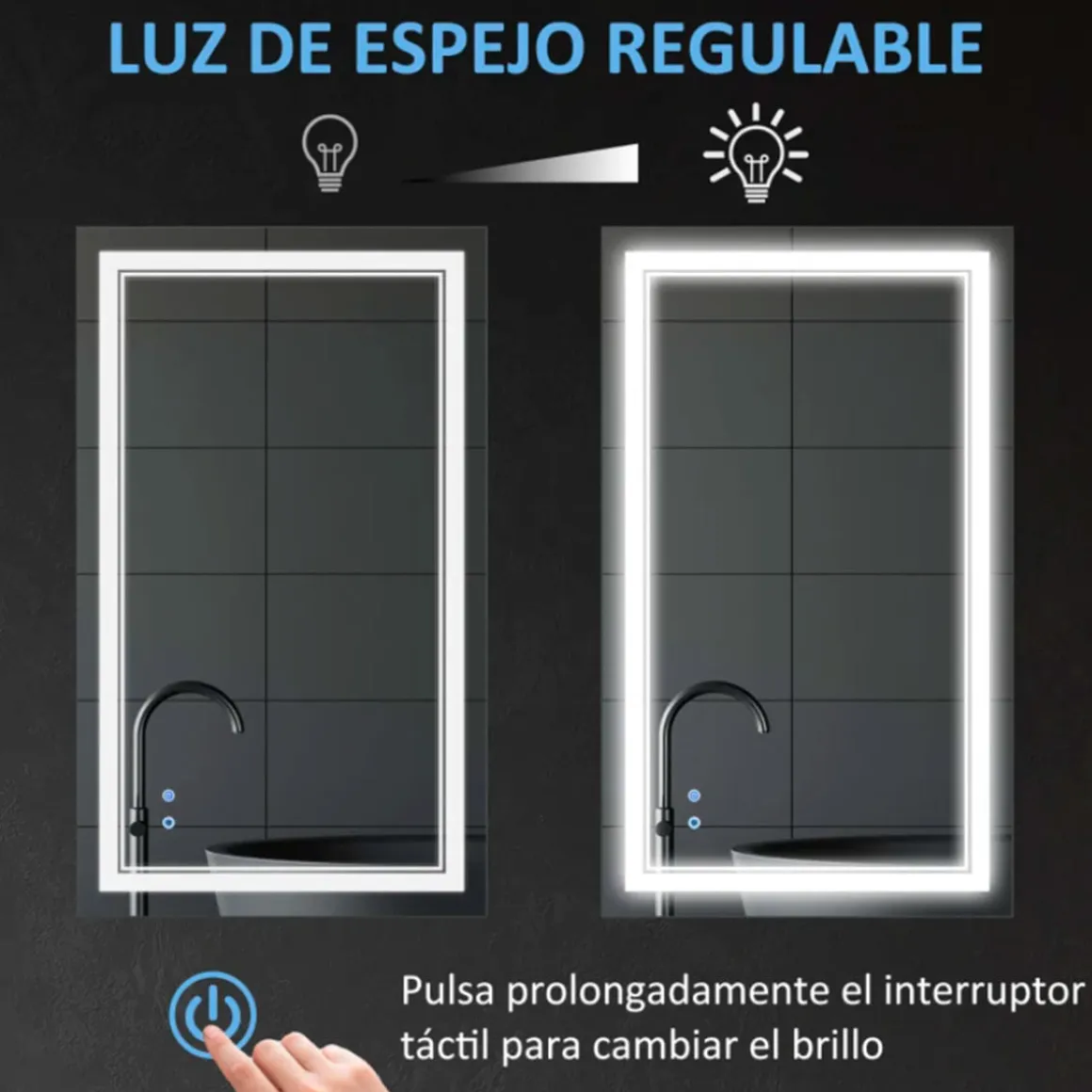 Espejo de baño Kleankin con luz LED + interruptor táctil + función memoria inox 60x100 cm