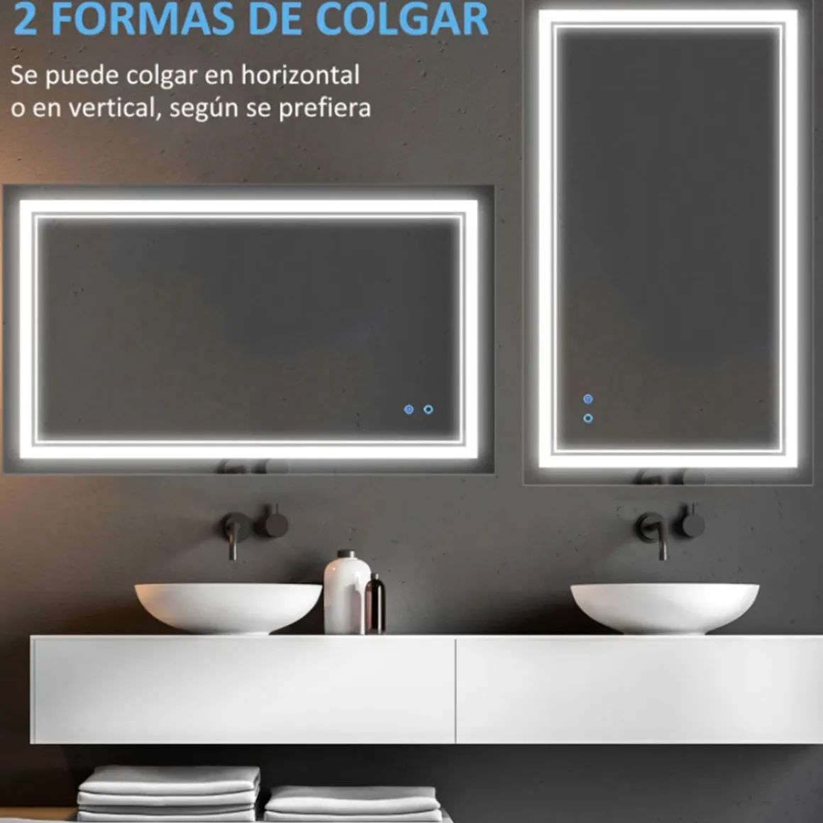 Espejo de baño Kleankin con luz LED + interruptor táctil + función memoria inox 60x100 cm