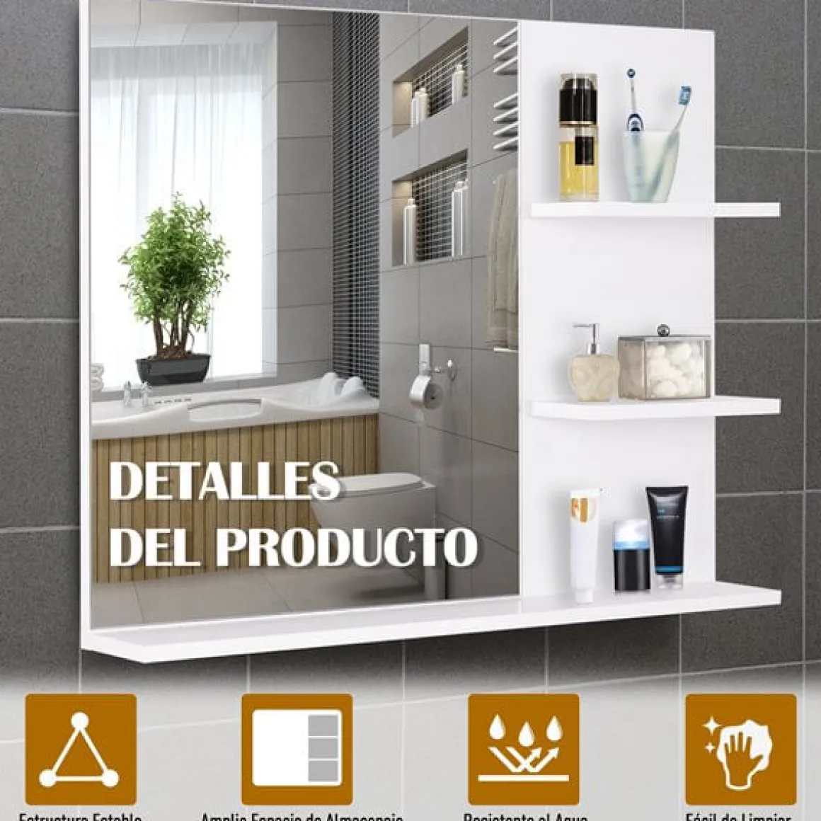 Espejo de Baño Kleankin con 3 estantes blanco 60x10x4 cm
