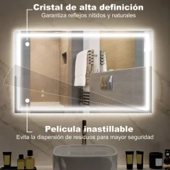 Espejo de baño Lui Homcom luz LED 3 temperaturas vidrio 60x100x3 cm