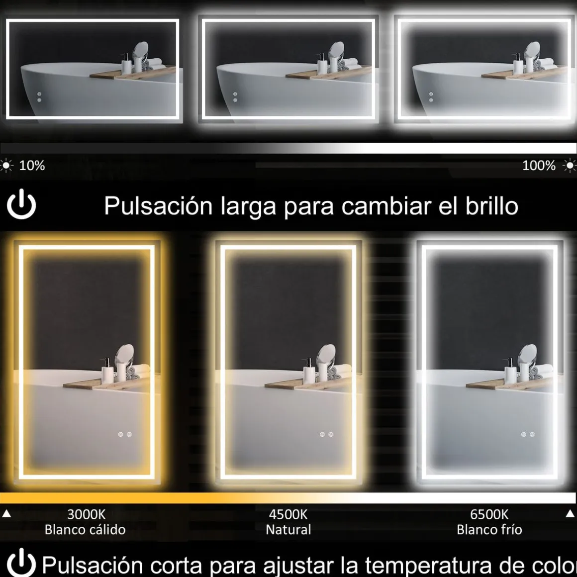 Espejo de baño Lui Homcom luz LED 3 temperaturas vidrio 60x100x3 cm