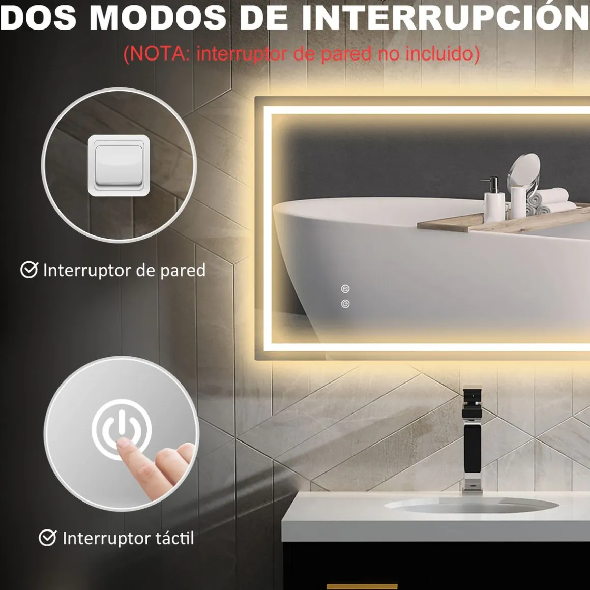 Espejo de baño Lui Homcom luz LED 3 temperaturas vidrio 60x100x3 cm