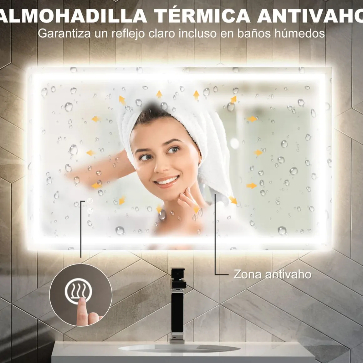 Espejo de baño Lui Homcom luz LED 3 temperaturas vidrio 60x100x3 cm
