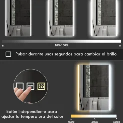 Espejo de baño Mira Homcom luz LED 3 temperaturas vidrio templado 50x70x3 cm