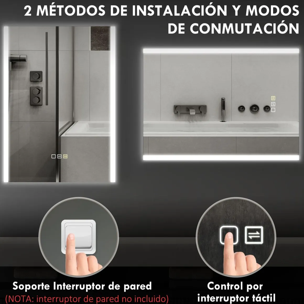Espejo de baño Mira Homcom luz LED 3 temperaturas vidrio templado 50x70x3 cm