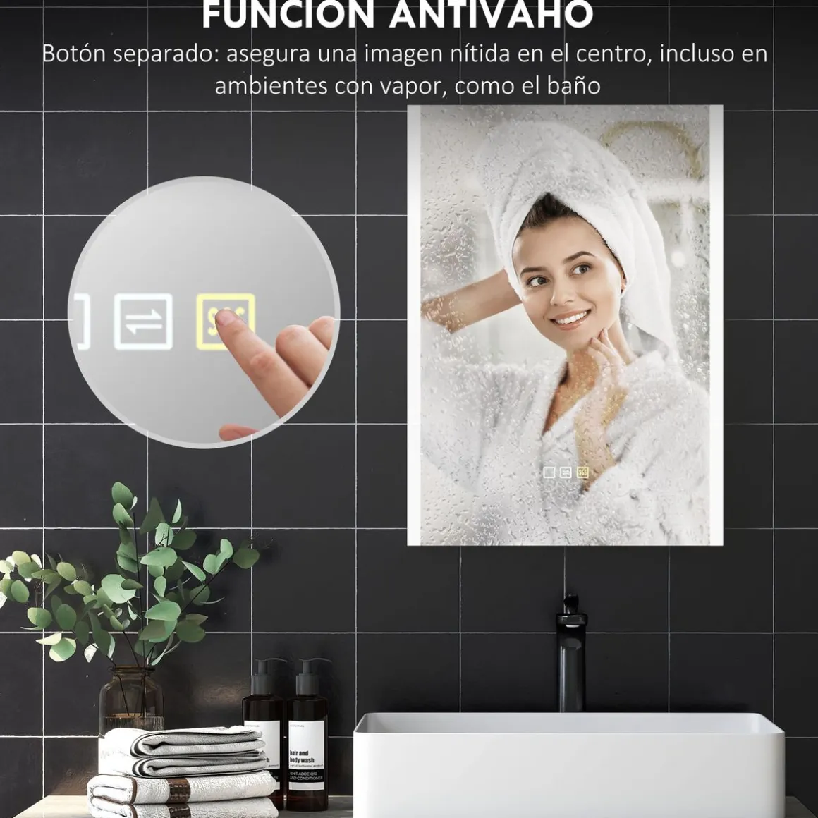 Espejo de baño Mira Homcom luz LED 3 temperaturas vidrio templado 50x70x3 cm