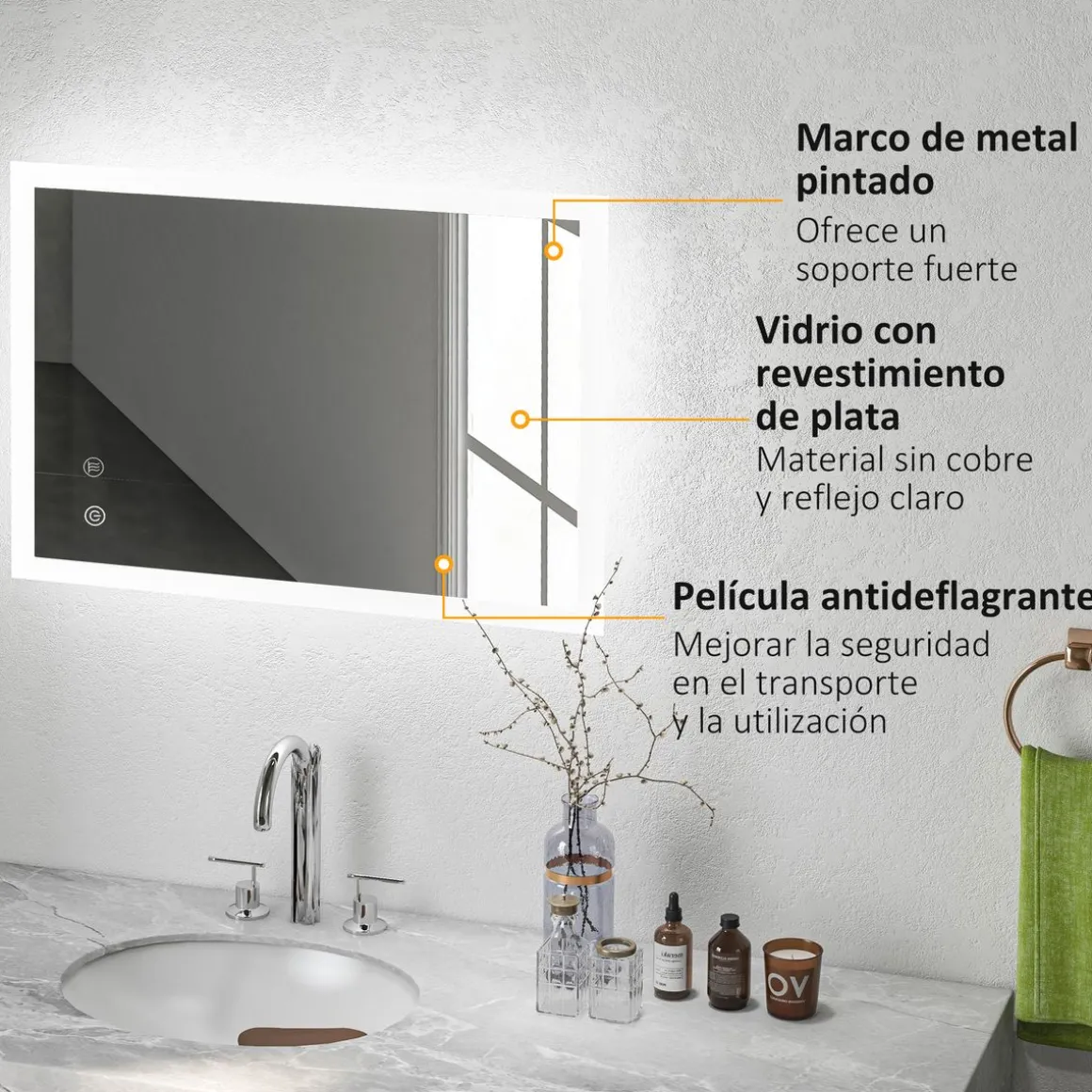 Espejo de baño Silo Kleankin luces LED 3 colores plata 3x70x50 cm
