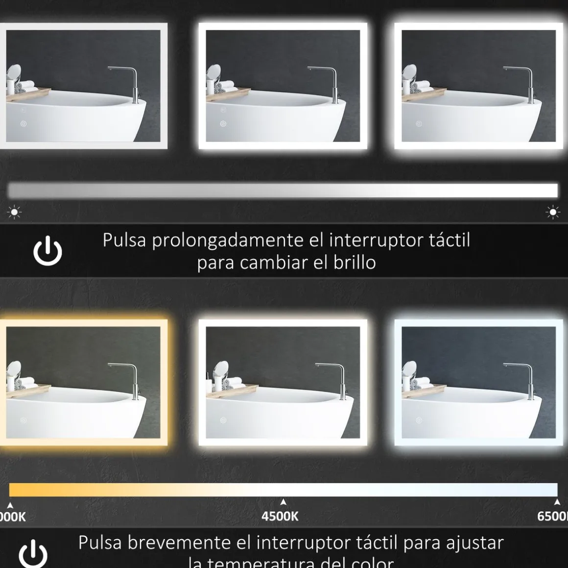 Espejo de baño Silo Kleankin luces LED 3 colores plata 3x70x50 cm