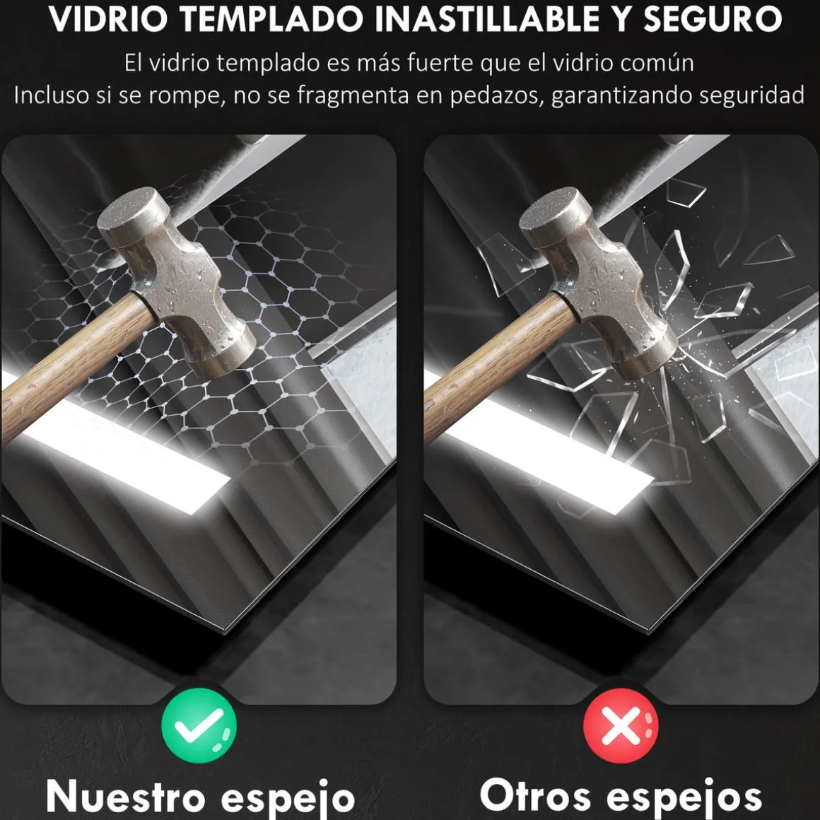 Espejo de baño Veldra Homcom 3 colores táctil plata 70x50 cm