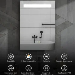 Espejo de baño Veldra Homcom 3 colores táctil plata 70x50 cm